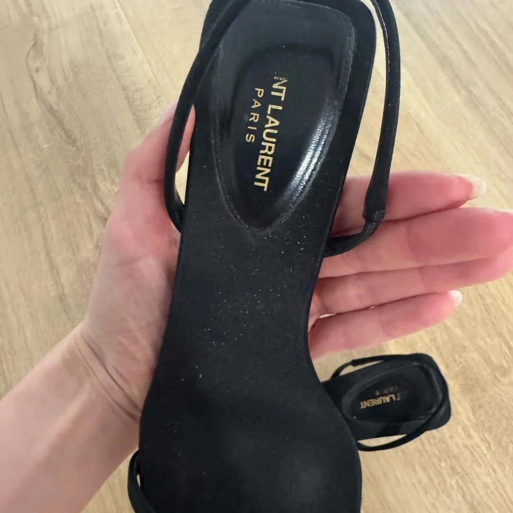 Saint Laurent Black Jaspe Square-Toe Slingback Heels - Picture 8 of 9